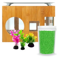 Aquatera 木質魚缸 AMZW30+魚缸裝飾仿真植物 3入+造景石 1kg+LED燈組, 綠色（地板），隨機發貨（水草）