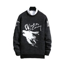 男款 AOULS 修身版型 冬季狼圖案 圓領毛衣 9825