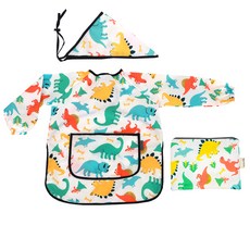 bebe chouette 孩童印花長袖美術圍裙+頭巾+伸縮扣+收納袋, 恐龍款
