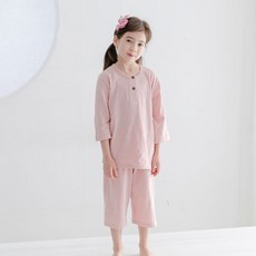 Hola baby 孩童兩件式素色棉質7分袖睡衣褲組