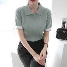 女款寬鬆版型半開襟領柔軟嫘縈撞色點綴羅紋娃娃領短袖針織衫