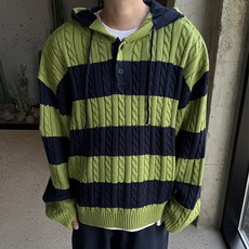 Meosidda 男性連帽寬鬆版條紋麻花暖手袖針織衫