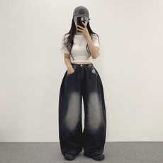 Wid Huilin 女款四季側邊抓褶復古水洗寬版丹寧牛仔褲 基本款