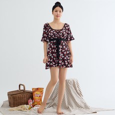 Elsso 大尺碼豐滿遮肉連身褲泳裝, 黑紅色