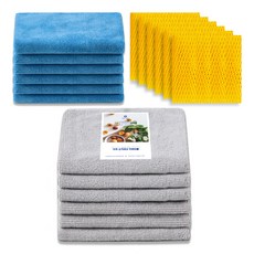 超細纖維廚房抹布 灰色+廚房抹布 藍色+網狀洗碗刷 黃色, 6組