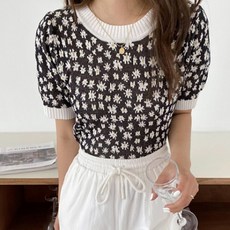 페이퍼먼츠 여성용 베이비 플라워 라이크 슬림 반팔 니트 티셔츠 00568