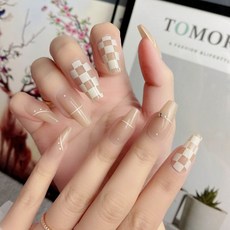 순잠 뷰티풀 컬러풀 네일팁 롱형, 1개, 96 베이지 사각 체크(HS-607)