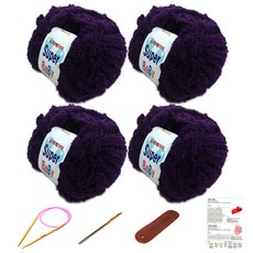 행복뜨기 슈퍼베이비 뜨개실 4p + 바늘 6mm + 돗바늘 + 가죽 라벨 + 목도리 도안 세트, 1세트, 진보라