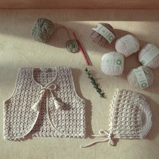 슬로우모먼츠 비기닝 태교키트 아기조끼 + 보넷 코바늘 뜨개질 DIY 패키지, 1세트, 연베이지