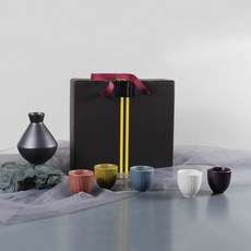 月鹽手工陶藝半五色酒瓶酒杯套組, 陶瓷酒瓶+5種清酒杯, 1組