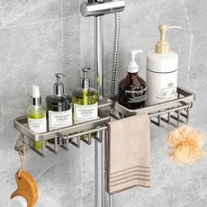 瀝水淋浴桿置物架 蓮蓬頭寬版層架, 灰色, 1個