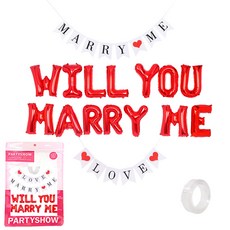 PARTYSHOW Will You Marry Me 訊息鋁箔氣球 + MARRYME 婚禮掛旗 + LOVE + 多用途點膠 套組, 1套, 紅色(氣球)
