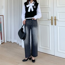 진마니아 여성용 크로브 빈티지 워싱 뒷밴딩 와이드 데님 긴기장 팬츠 CL0W54