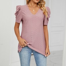 알로데 여성용 올펀칭 퍼프소매 옆트임 반팔 티셔츠