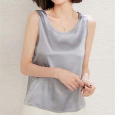 더시럽 여성용 데일리 베이직 라운드 실크 민소매 티셔츠