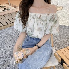 묘먀미 여성용 나염프린팅 끈나시 오프숄더 블라우스