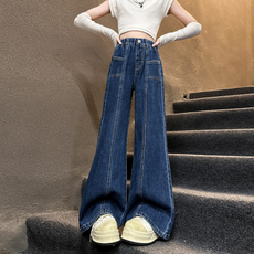 Orenjidamom 女童橫向雙線口袋鬆緊帶寬版牛仔褲