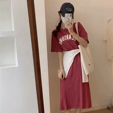 MarketA 女性 Bear Town 字母印花 寬鬆長版連身T恤 含大尺碼, 深粉色