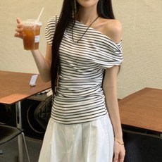 PEONIST 女款條紋不對稱單肩露肩T恤