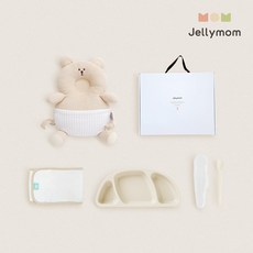 jellymom 新生兒禮盒 護頭防摔背帶枕+矽膠托盤+輔食湯匙+包巾組, 小熊燕麥片(保護套)、奶油米色(盤)、奶油米色(湯匙), 1組