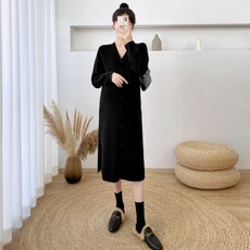 孕婦V領針織長袖連身裙