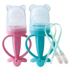 ange 咬咬樂輔食器 2入, 貓咪款(粉色)+小熊款(薄荷色), 1組