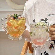 다파랑 줄무늬 빈티지 글라스 손잡이 아이스음료 주스컵 480ml HJ0433, 투명, 2개