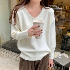PEONIST 女款柔軟V領寬鬆日常針織衫