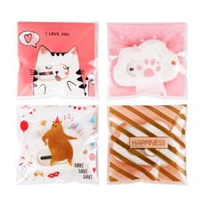 indi.k 自黏式 貓咪與朋友們 塑膠袋 7 x 7 cm 4款 x 100入 組, 愛心貓咪, 貓掌, 跳舞熊, 幸福, 1套