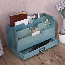Rivium 復古風木質書桌抽屜收納盒 RV-000237, 藍色