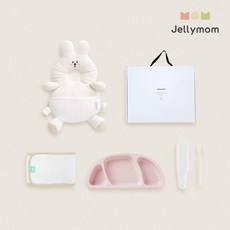 jellymom 新生兒禮盒 護頭防摔背帶枕+矽膠托盤+輔食湯匙+包巾組, 兔奶油色(保護套)、淡粉紅色(盤子)、奶油米色(湯匙), 1組