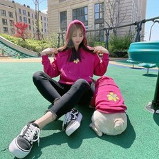 寵物狗親子衣服組-向日葵圖連帽T恤, 亮粉色