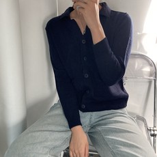 針織女款捲邊口袋翻領短版V領Jauber開襟衫