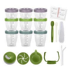 Bebelock Tritan副食品刻度密封罐禮盒組 130ml 3入+180ml 3入+240ml 3入+吸盤+點心蓋+矽膠杓+PP杓+杓具收納盒+吸管杯蓋+雙耳把手+替換吸管+吸管清潔刷+標籤貼 24入, 橄欖綠, 1組
