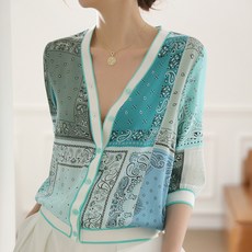 ViVEMO 女款V領日常圖案亮點夏季雪紡開襟衫 00210