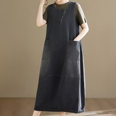 Queenis 女款大尺碼前口袋亮點後開衩層次感牛仔連身裙