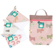 Coney Island 女童拼接圖案印花掛繩毛巾 3入+防水手提袋 I款, 托利熊粉，現代森林，我愛狗粉, 1套