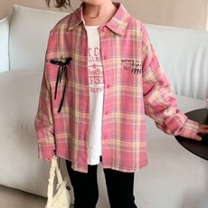 EYOUMONG 兒童寬鬆翻領格紋蝴蝶結長袖襯衫 E6S327