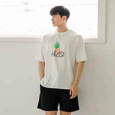 TUBE TREE 男款鳳梨印花寬鬆短袖防曬衣+短褲套組 AEIV7205BPA, 象牙白(上衣)+黑色(褲子)
