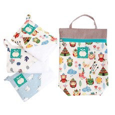 Coney Island 男童拼接圖案印花掛繩毛巾組 3入+防水收納袋 B款, 獨立鳥、白熊、仙人掌藍, 1套