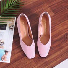 쇼랜 르본디 수제 사각코 V컷 스웨이드 낮은굽 구두 5cm