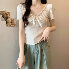 아이엠몽 여성용 카메일 오프숄터 리본 포인트 슬림 프릴 티셔츠