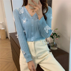 피어니스트 여성용 크롭 슬림 나비 장식 니트 가디건