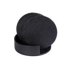 適合送禮的皮革杯墊 6入 + 收納盒套組, 圓形黑色