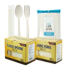 Life smile 塑膠湯匙 100入 + 叉子 100入 + 木筷 100入 套組, 1套