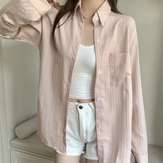 DMELD 女款直條紋透視長袖襯衫