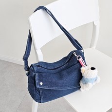 FROMHEAVEN Cabinya 休閒牛仔斜背包 + 鑰匙圈組, 深藍色(斜背包), 鑰匙圈(隨機出貨)