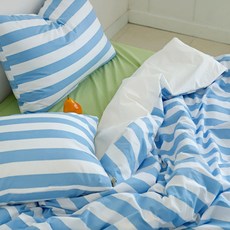 CASA VERDE 世紀中期純棉蓬鬆條紋被套, 水藍色 + 白色