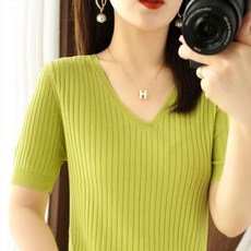 더시럽 여성용 솔리드 V넥 골지 반팔 니트