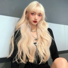 HiYuni 白金髮色波浪燙長髮整頂假髮 68cm + 髮網 + 支架套組, 1個, 白金髮色(假髮), 隨機出貨(支架)